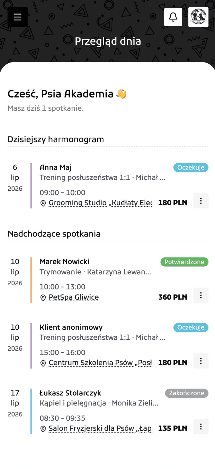 Przegląd dnia w aplikacji Furrimo